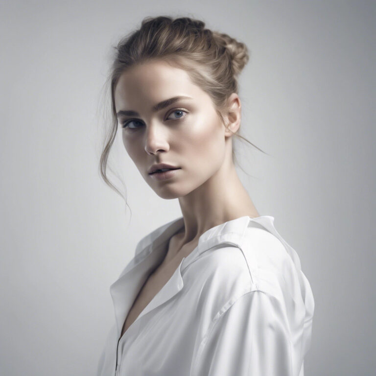 A high-key fashion portrait of a young woman with long brunette hair against a minimalist white background with dramatic lighting, aesthetic, highly detailed, in 8k resolution